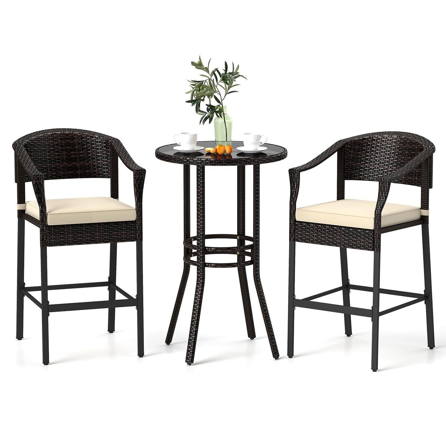 Tangkula 3-Piece Patio Rattan Bar Set, Wicker Bar Height Armchairs & Round Table w/Tempered Glass Top