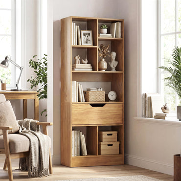 Tangkula 51” Tall Open Bookcase with Drawer 7-Cube Display Storage Cabinet(1/2)