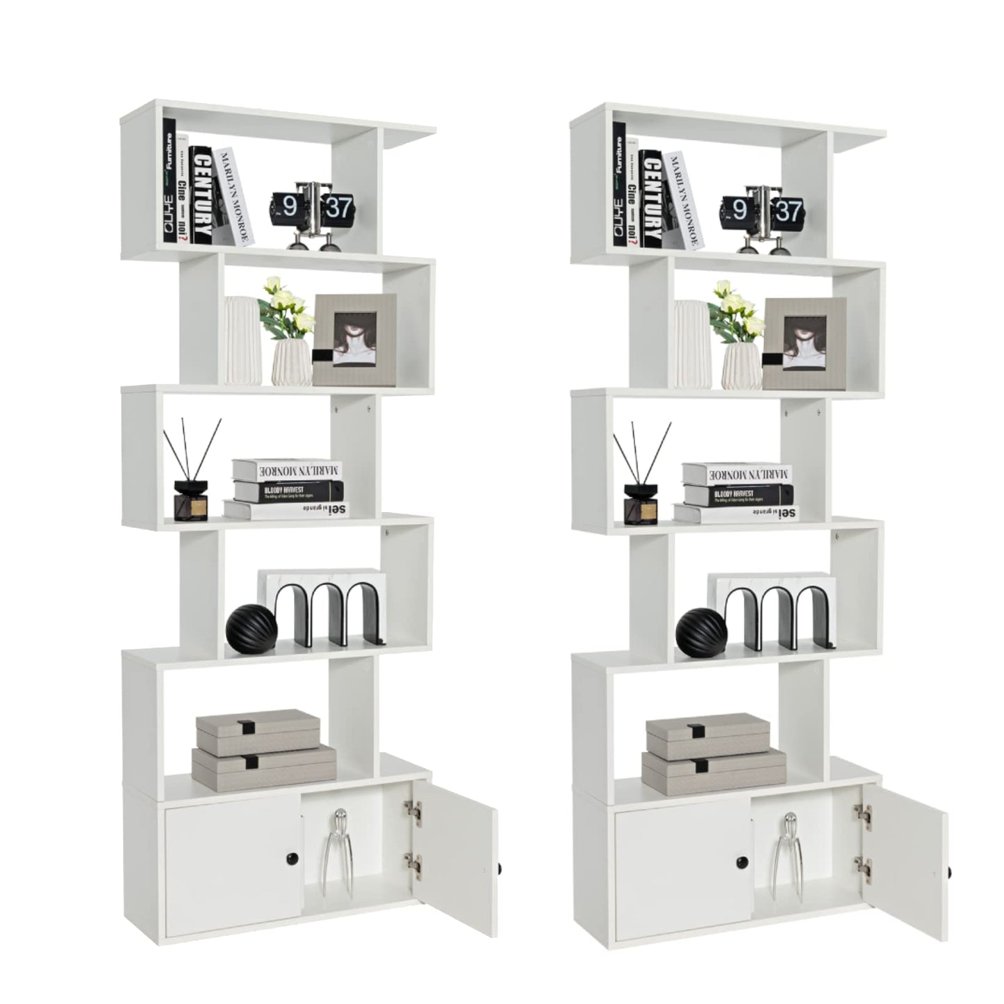 Tangkula S Shaped Bookshelf with Cabinet, 6-Tier Bookcase with Doors, Freestanding Geometric Bookshelves for Living Room