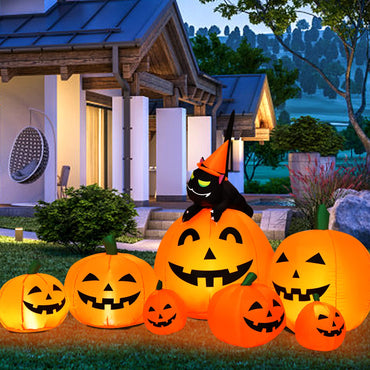 Combo citrouille gonflable d'Halloween de 2,30 m avec sorcière et chat noir