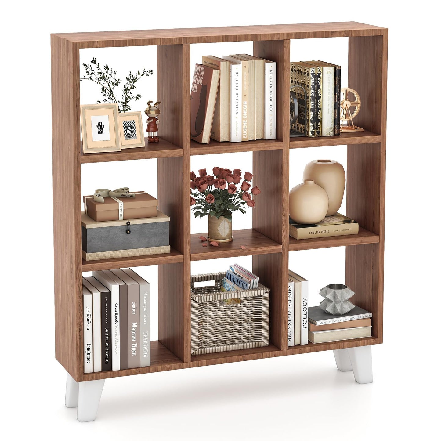 Tangkula 9-Cube Bookcase, Freestanding 3-Tier Bookshelf with 6 Removable Shelves
