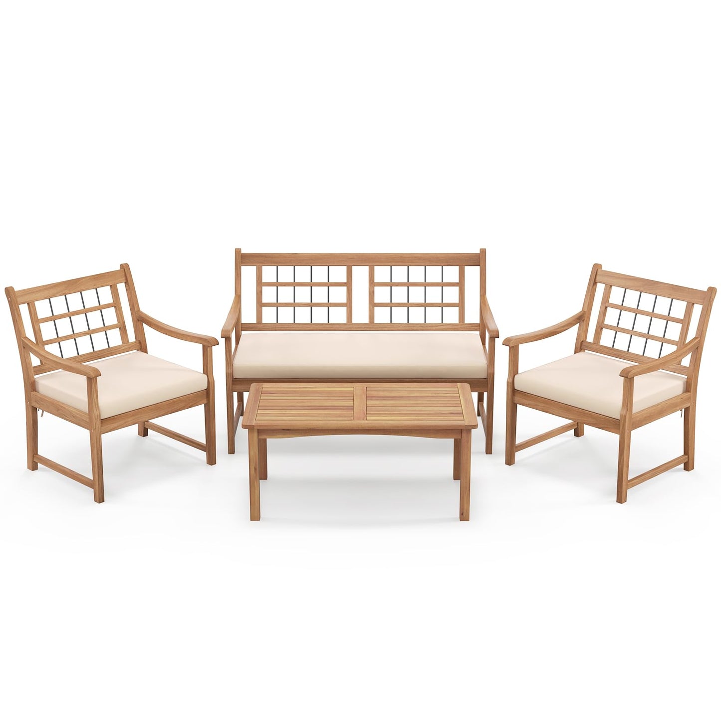 Tangkula 4 Piece Wood Patio Furniture Set, Outdoor Conversation Set w/Soft Seat Cushions