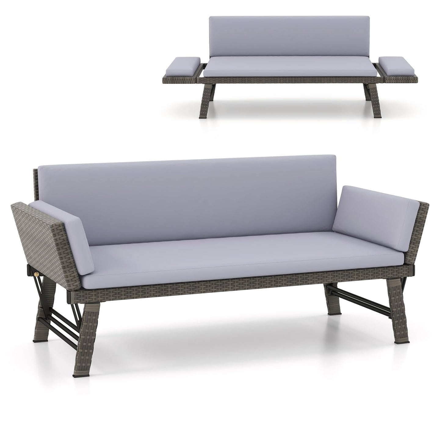 Tangkula Outdoor Convertible Sofa Daybed with Adjustable Armrests, PE Rattan Patio Couch Furniture with Thick Cushions