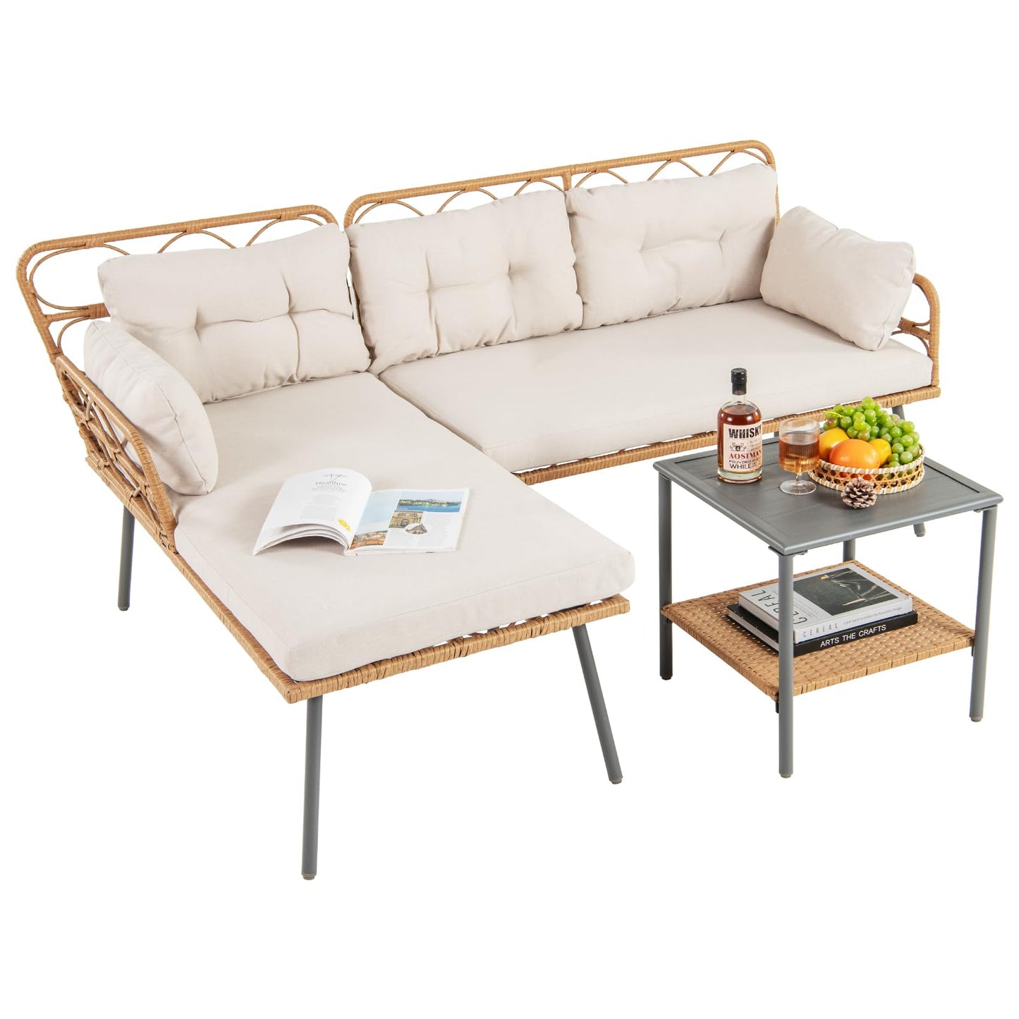 Tangkula 3 Pieces Corner Patio Furniture Set, PE Rattan L-Shaped Cushioned Sofa Set with Small Coffee Table