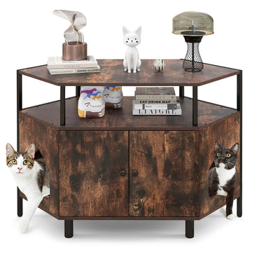 Tangkula Corner Cat Litter Box Enclosure, Decorative Pet Cabinet Furniture with Open Shelf, 2 Entrances