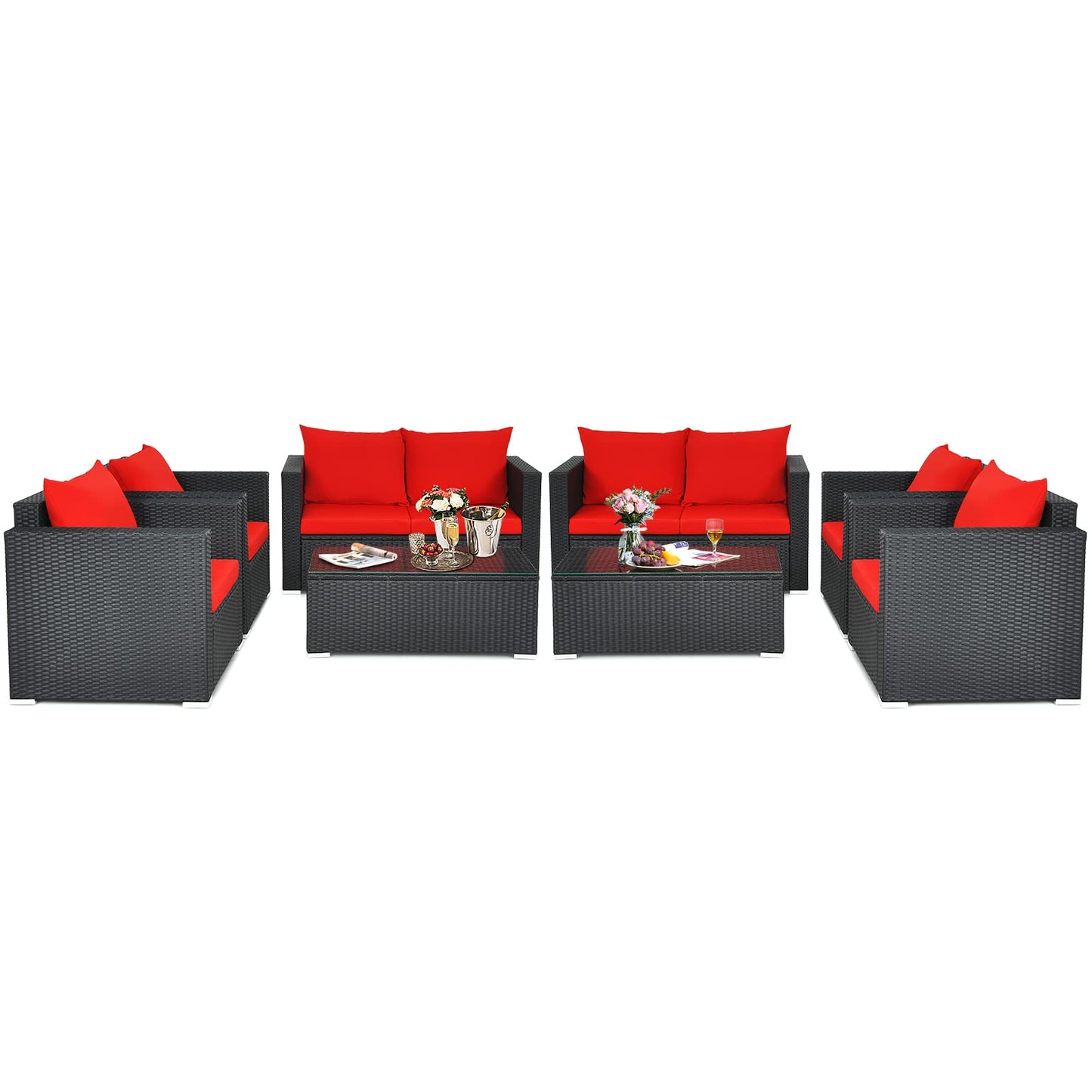 Patio Rattan Conversation Furniture Set, Outdoor Wicker Sofa Set with Padded Cushion & Tempered Glass Coffee Table