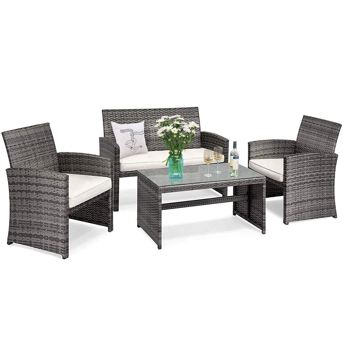 Tangkula 4/8 PCS Wicker Patio Conversation Set, Outdoor Rattan Sofas with Table Set