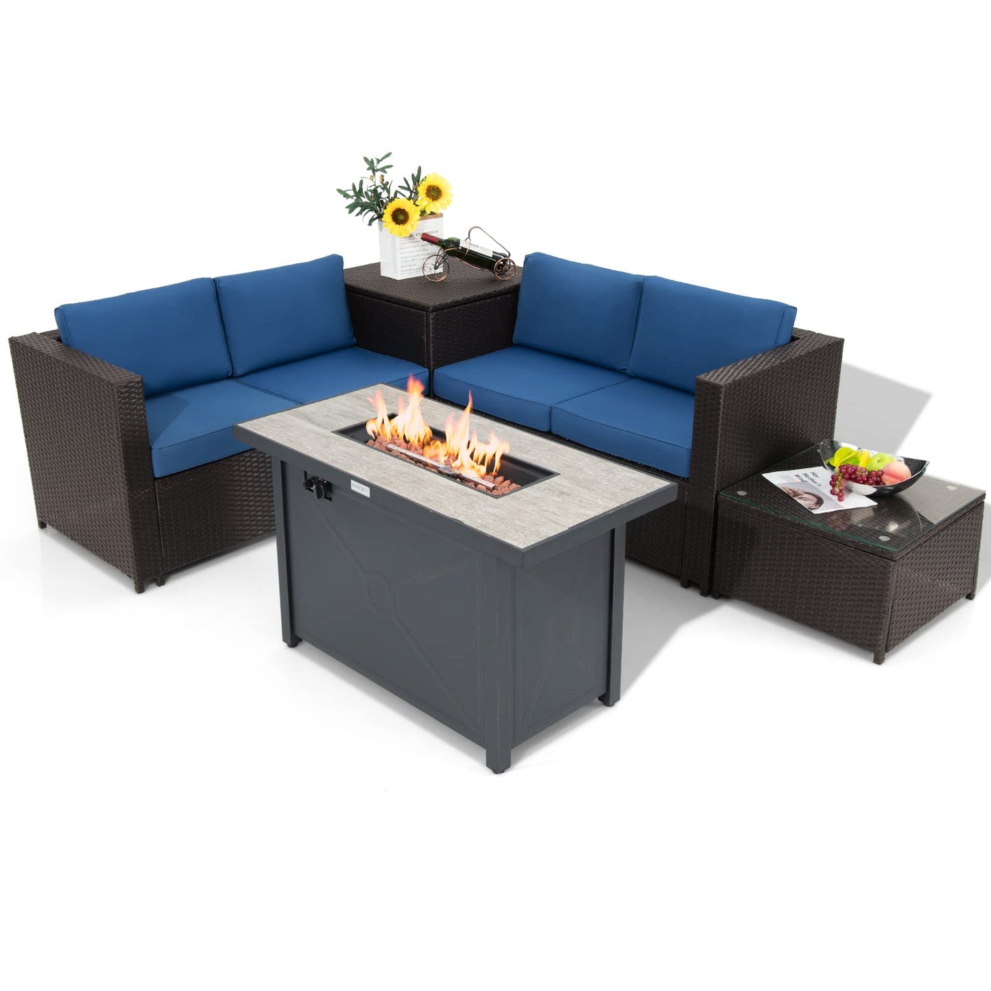 Tangkula 5-Piece Patio Furniture Set with 42 Inches Propane Fire Pit Table, Outdoor Wicker Conversation Set with Cushions