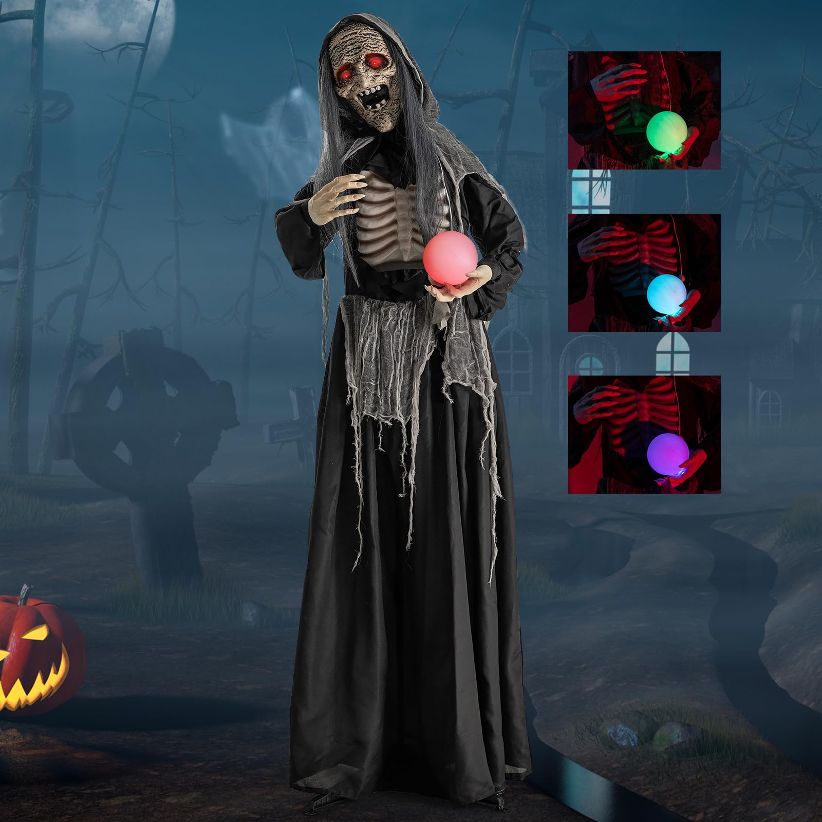 Tangkula 6 FT Halloween Animatronics Standing Witch, Talking Animated Wicked Witch with Light Up Eyes & Magical Ball