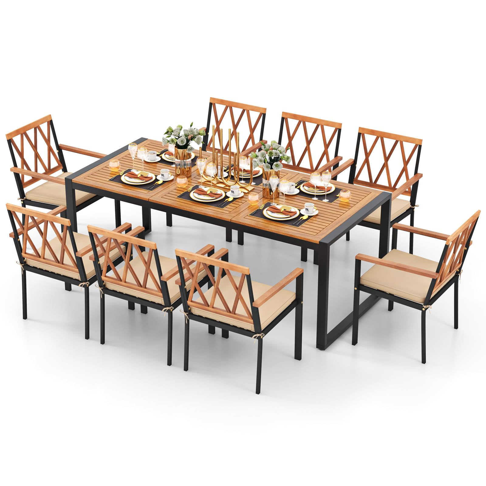 Tangkula 9 Pieces Patio Dining Set(Natural & Black)