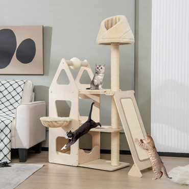 Arbre à chat moderne Tangkula en bois pour chats d'intérieur, grand arbre à chat multi-niveaux de 162 cm avec balle rotative et poteaux à griffer