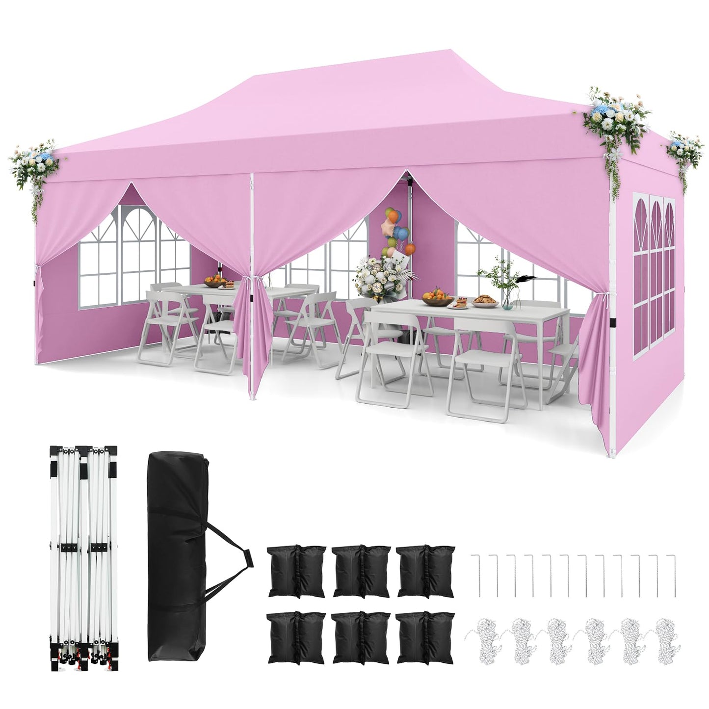 Tangkula 10x20 Ft Pop Up Canopy with 6 Sidewalls, Instant Setup Canopy Tent with 2 Zippered Door, Windows, Carrying Bag