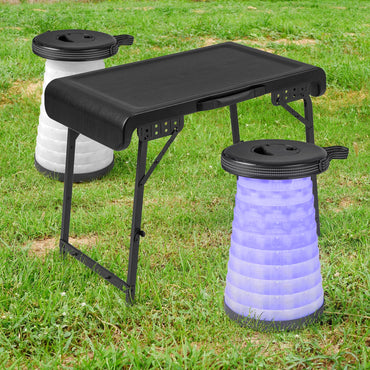 Ensemble table de camping Tangkula 3 pièces, table de camping pliante avec 2 tabourets LED pliables