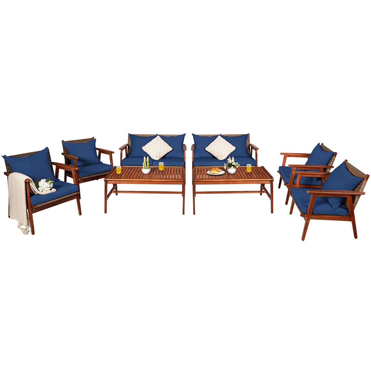 4/8PCS Patio Wood Sofa Set, Outdoor Acacia Wood Seating Chat Set with Cushions & Coffee Table