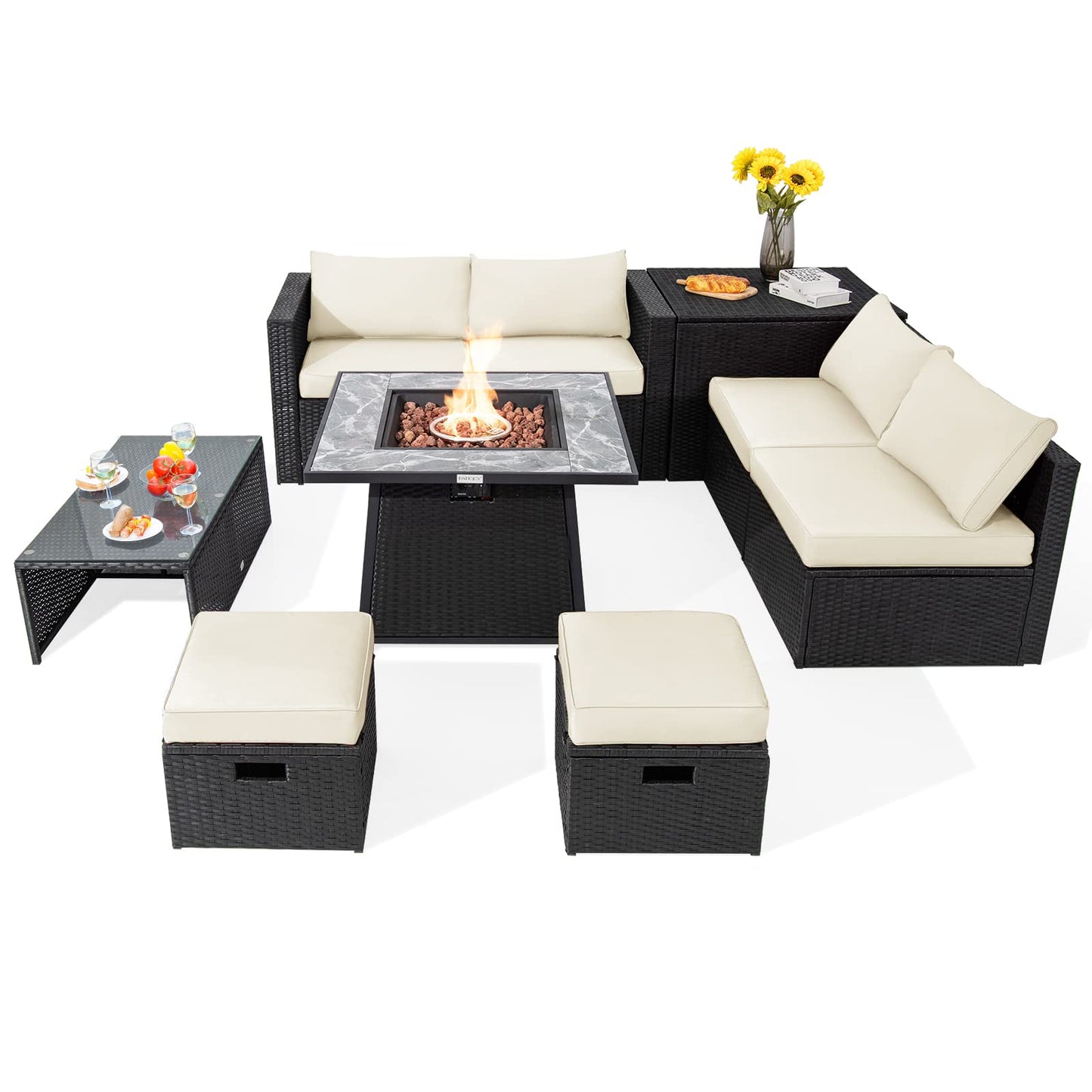 Tangkula 9 Pieces Outdoor PE Rattan Sectional Sofa with 35-Inch Gas Fire Pit Table