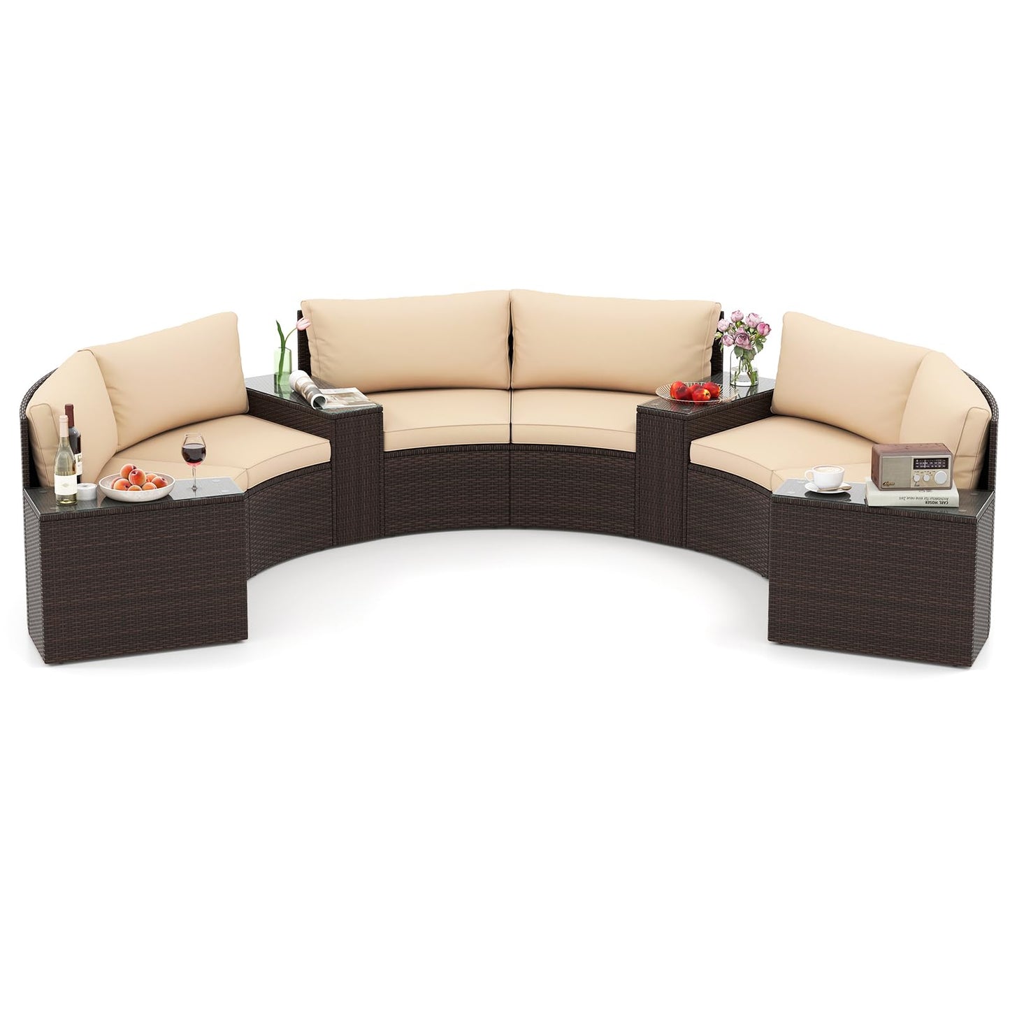 Tangkula 5 Pieces Patio Furniture Set Rattan Half-Moon Curved Sectional Cushioned Sofas