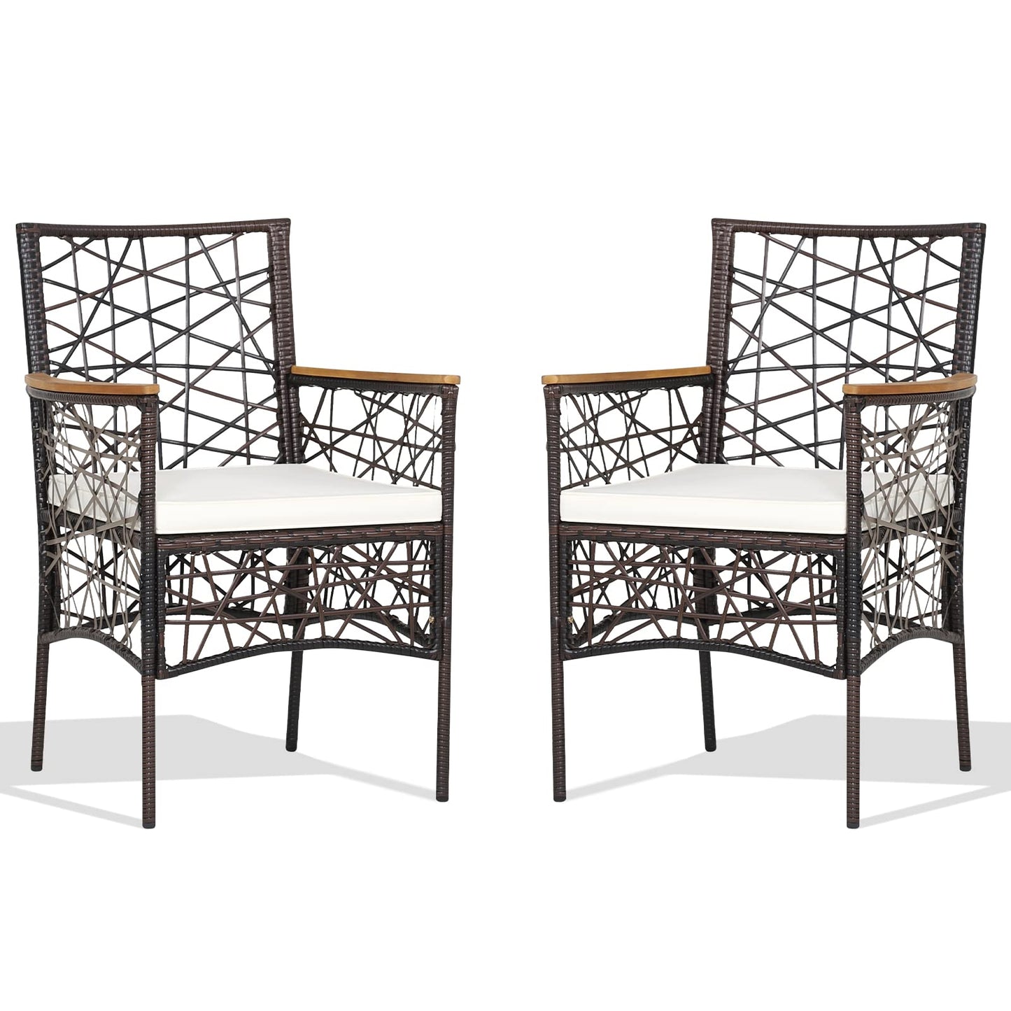Tangkula Set of 2 Outdoor Dining Chairs, Patio Bistro Chairs with Acacia Wood Armrests and Soft Cushions
