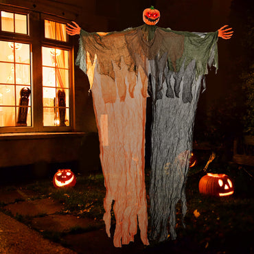 Tangkula Citrouille fantôme d'Halloween suspendue de 2,5 m, accessoire effrayant lumineux pour maison hantée avec yeux rouges lumineux et bras pliables