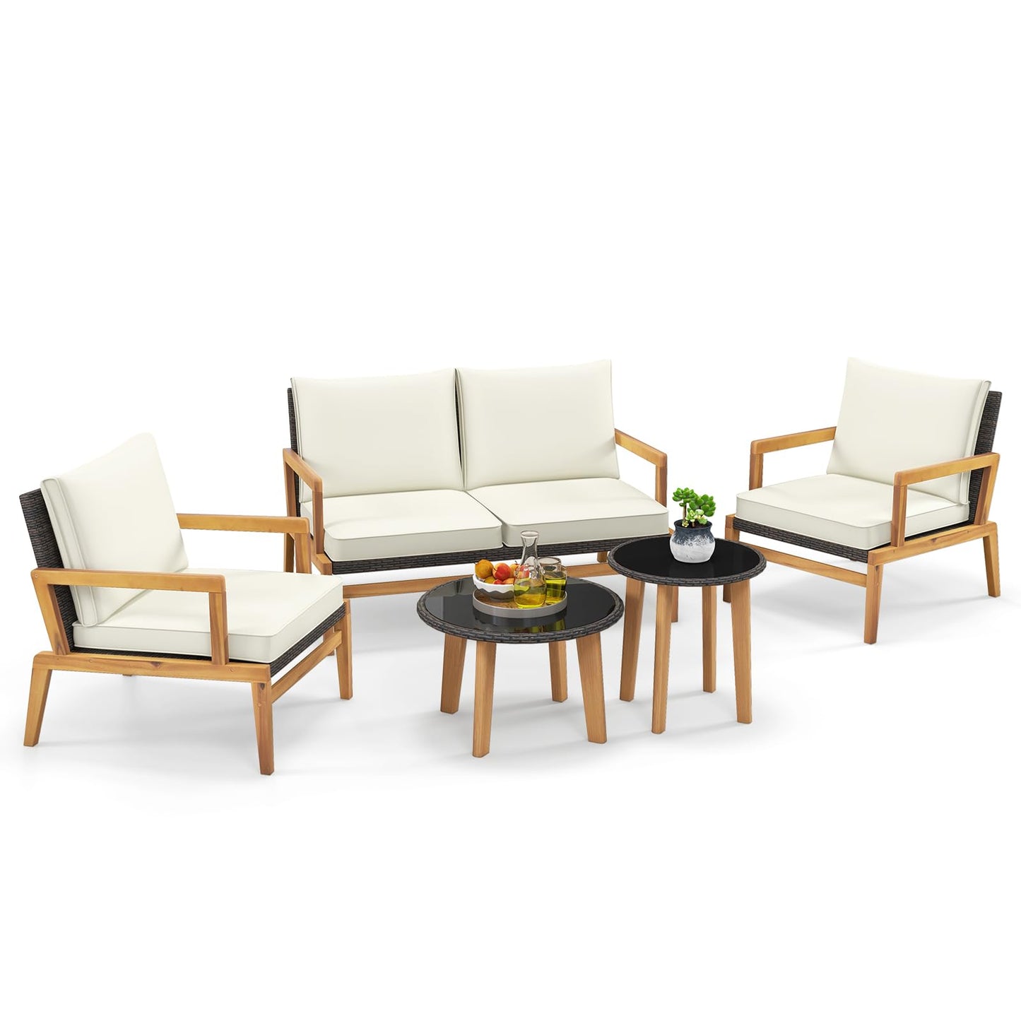 Tangkula 5 Piece Rattan Furniture Set, Patiojoy Wicker Sofa Set with Solid Acacia Wood Frame & 2 Tempered Glass Coffee Tables