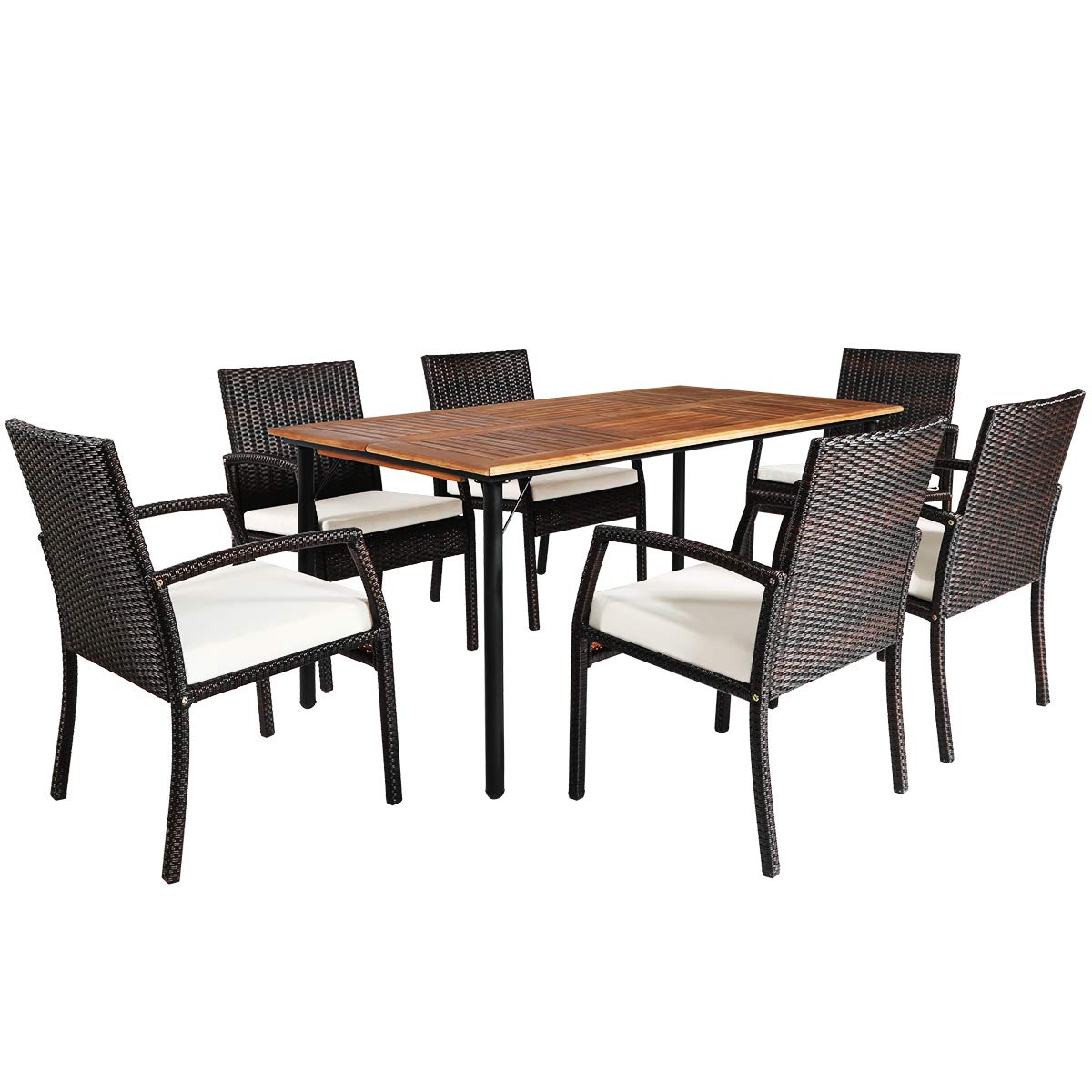 Tangkula 7 Pieces Patio Dining Set, Acacia Wood Wicker Dining Furniture Set with Sturdy Steel Frame & Umbrella Hole