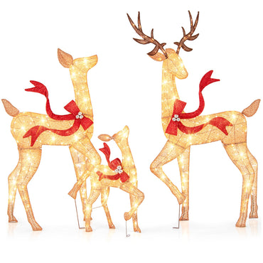 Tangkula 3-Piece Lighted Christmas Reindeer Family Set, Xmas Lighted Deer Decorations with 440 Warm White LED Lights & Stakes