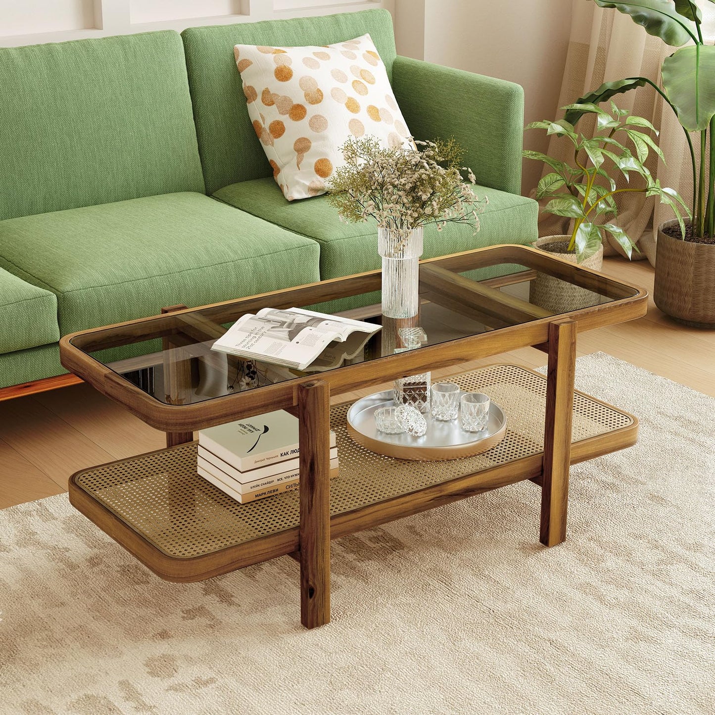 Tangkula Rattan Coffee Table 47.5”L Boho Cocktail Tables