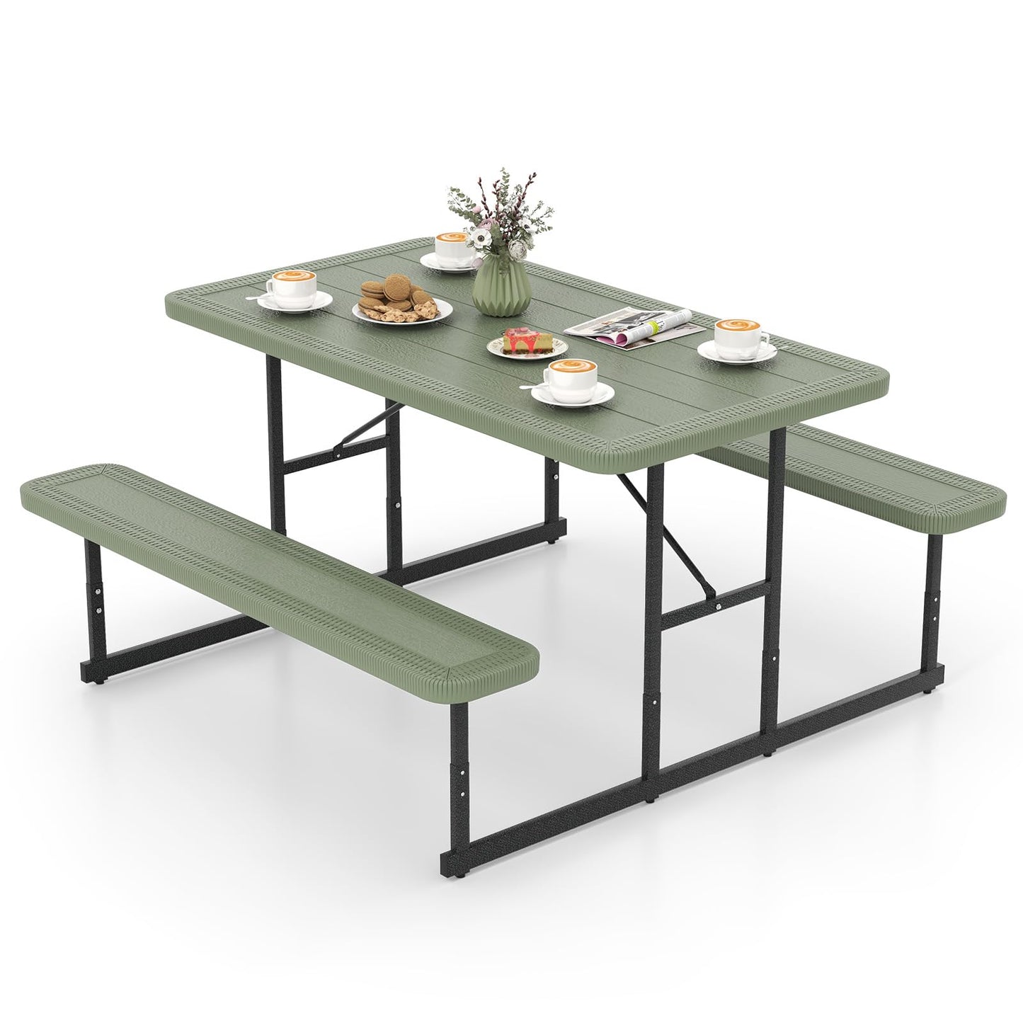 Tangkula HDPE Outdoor Rectangular Table Bench Set with 2 Built-in Benches