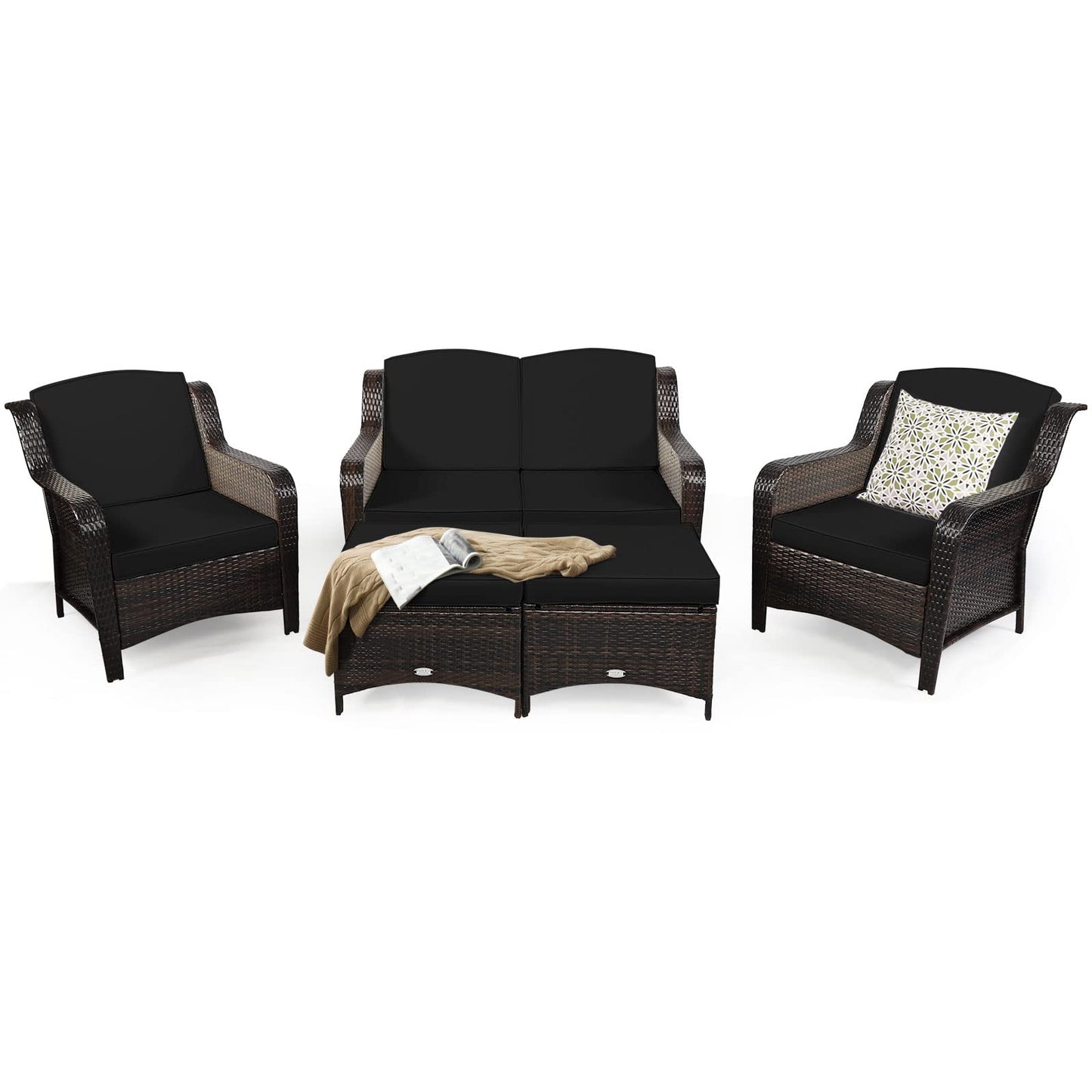 5 Pieces Patio Furniture Set, Outdoor Rattan Conversation Sofa Set with Loveseat