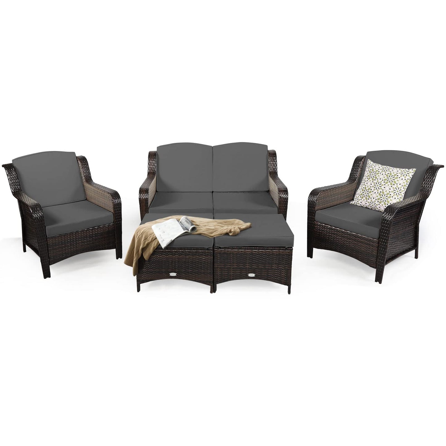 Ensemble de mobilier de jardin 5 pièces, ensemble de conversation d'extérieur en rotin avec canapé deux places