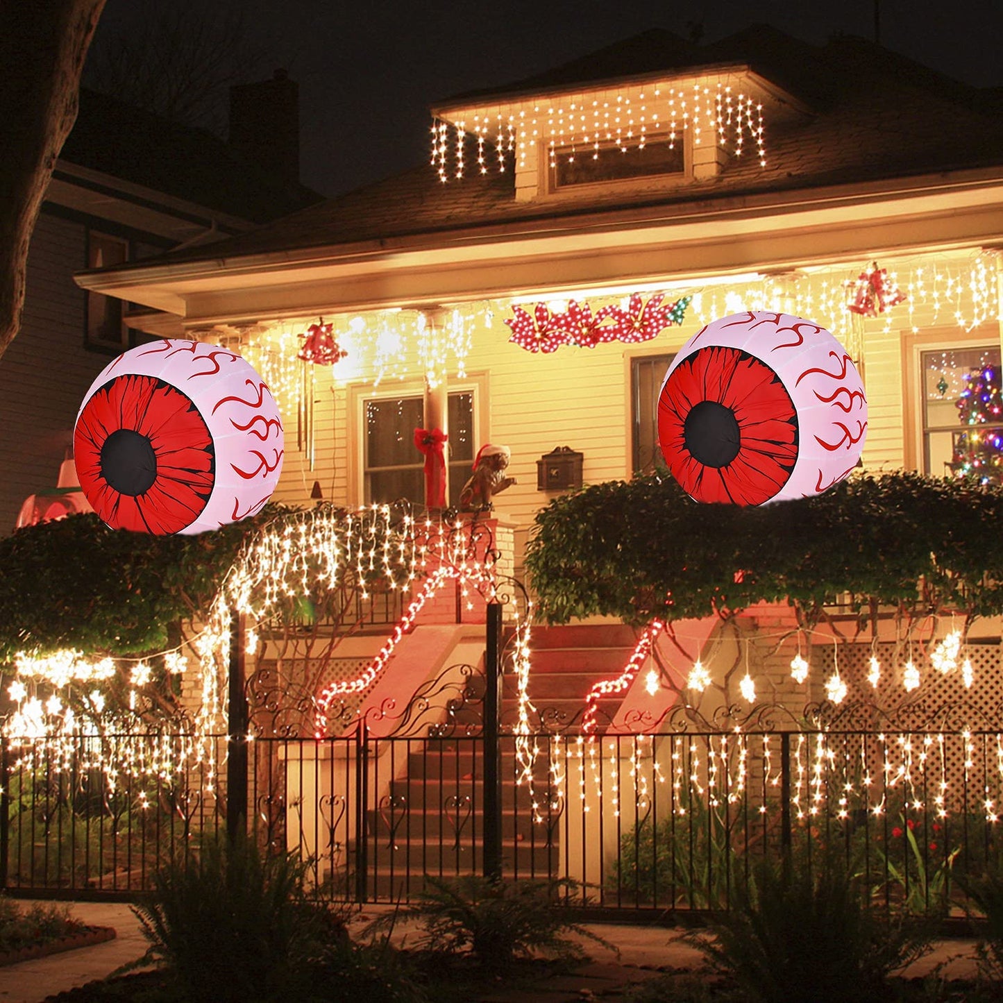 2 Pack 3 FT Halloween Inflatable Huge Eyeballs W/ Air Blower, Red LED Lights
