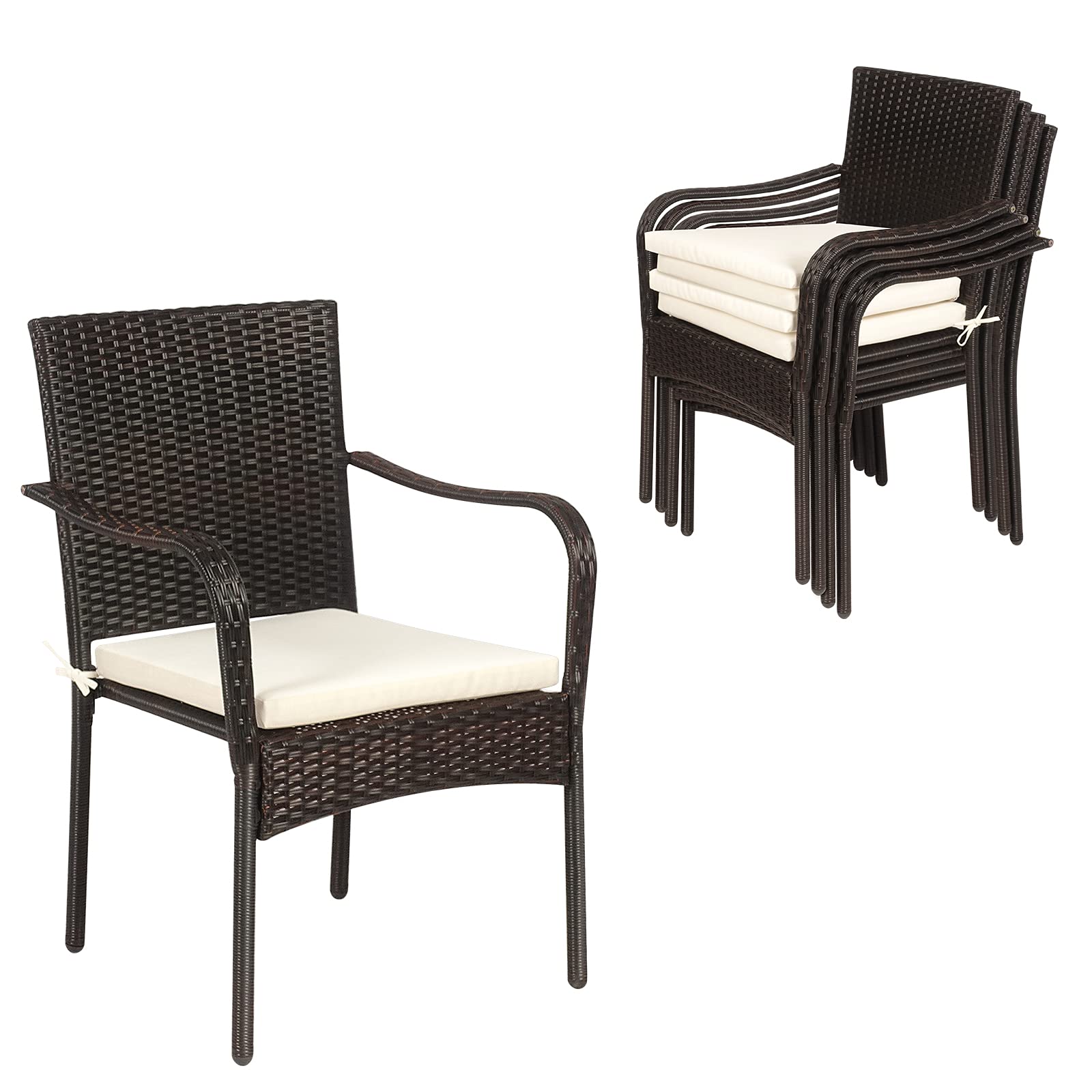 4 Pieces Patio Rattan Dining Chairs, Outdoor Stackable Wicker Chairs with Comfortable Cushions and Armrests