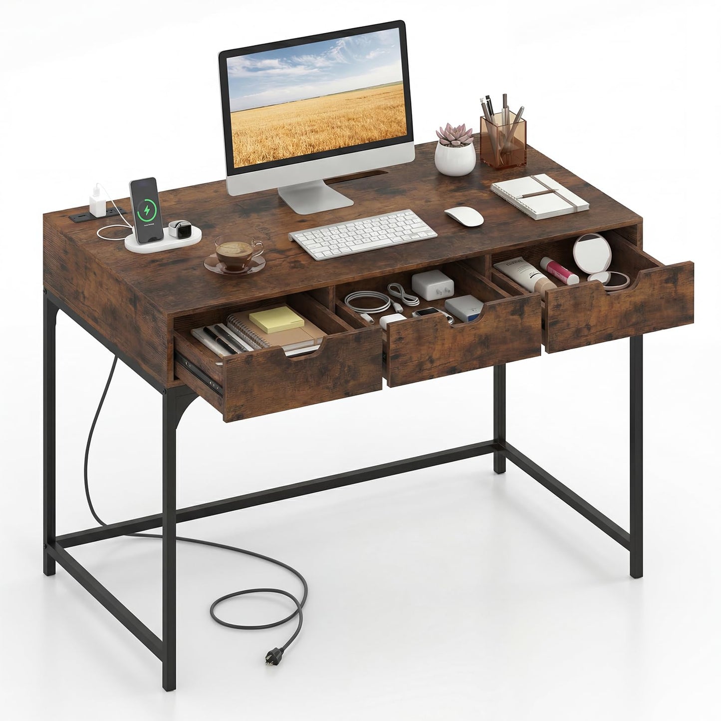 Tangkula Computer Desk with 3 Drawers & Power Outlets