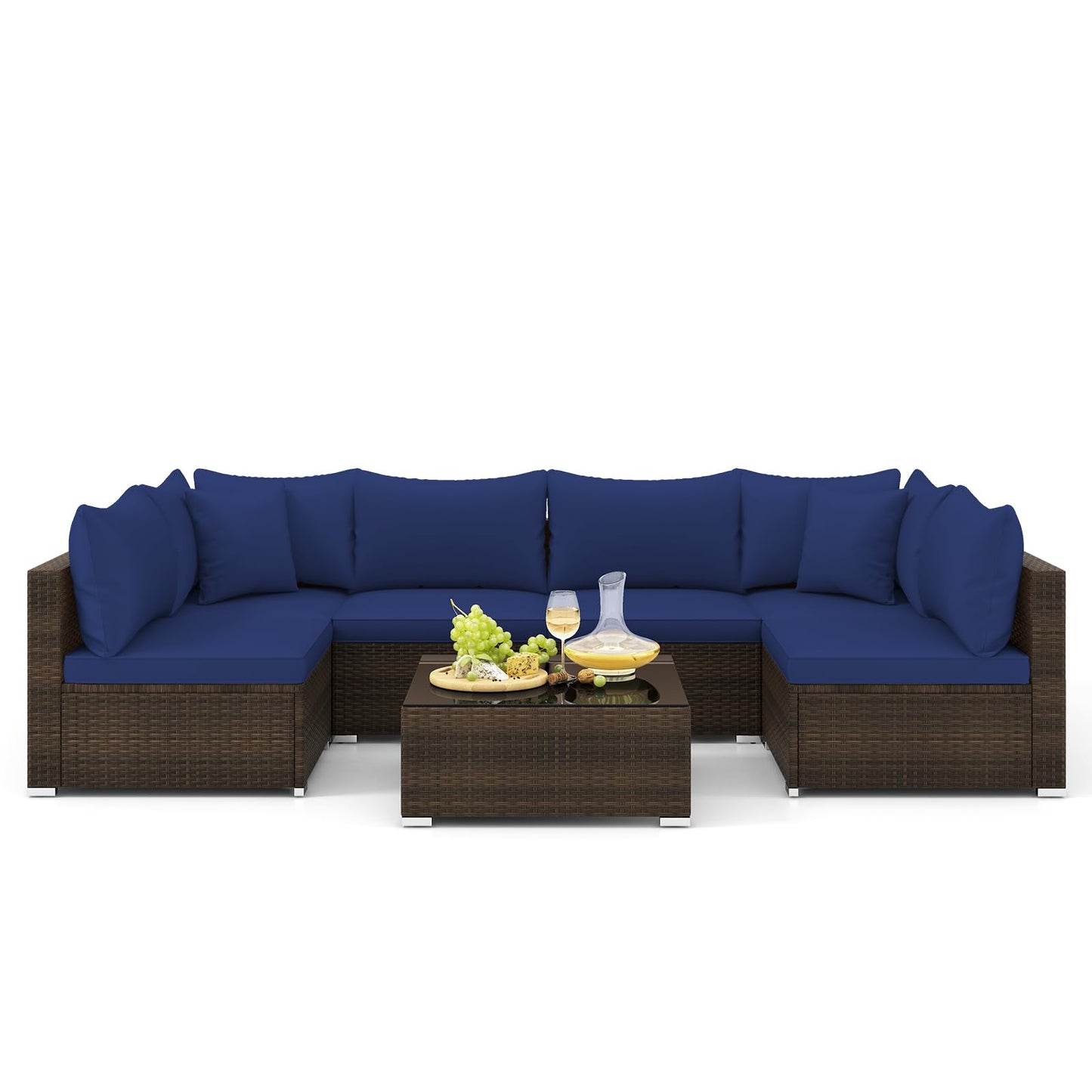 Tangkula 7 Pieces Patio Rattan Furniture Set, Patiojoy Outdoor Conversation Set with Cushions and Tempered Glass Coffee Table