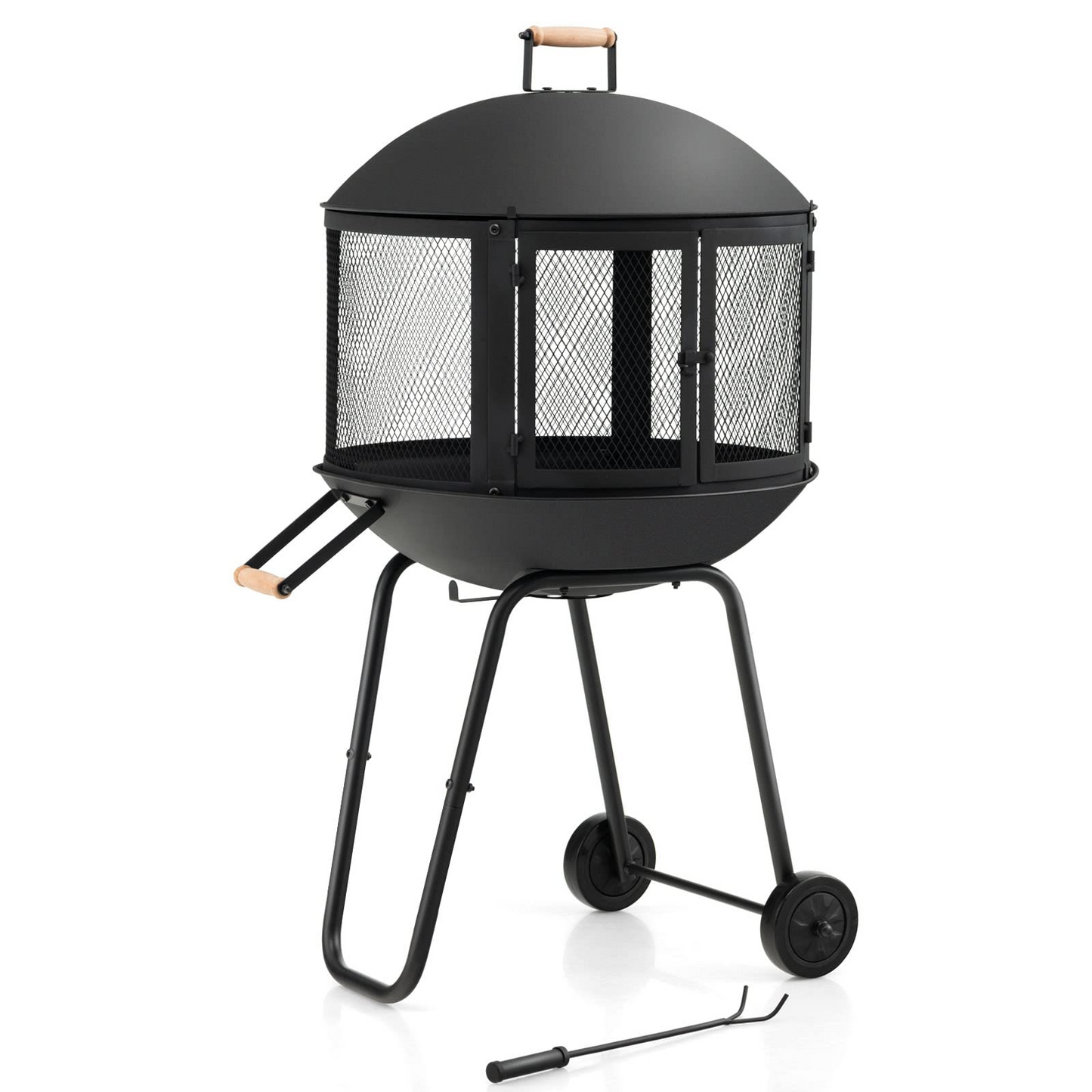 Tangkula Portable Fire Pit with Wheels, 28 Inch Wood Burning Fire Pit with Log Grate