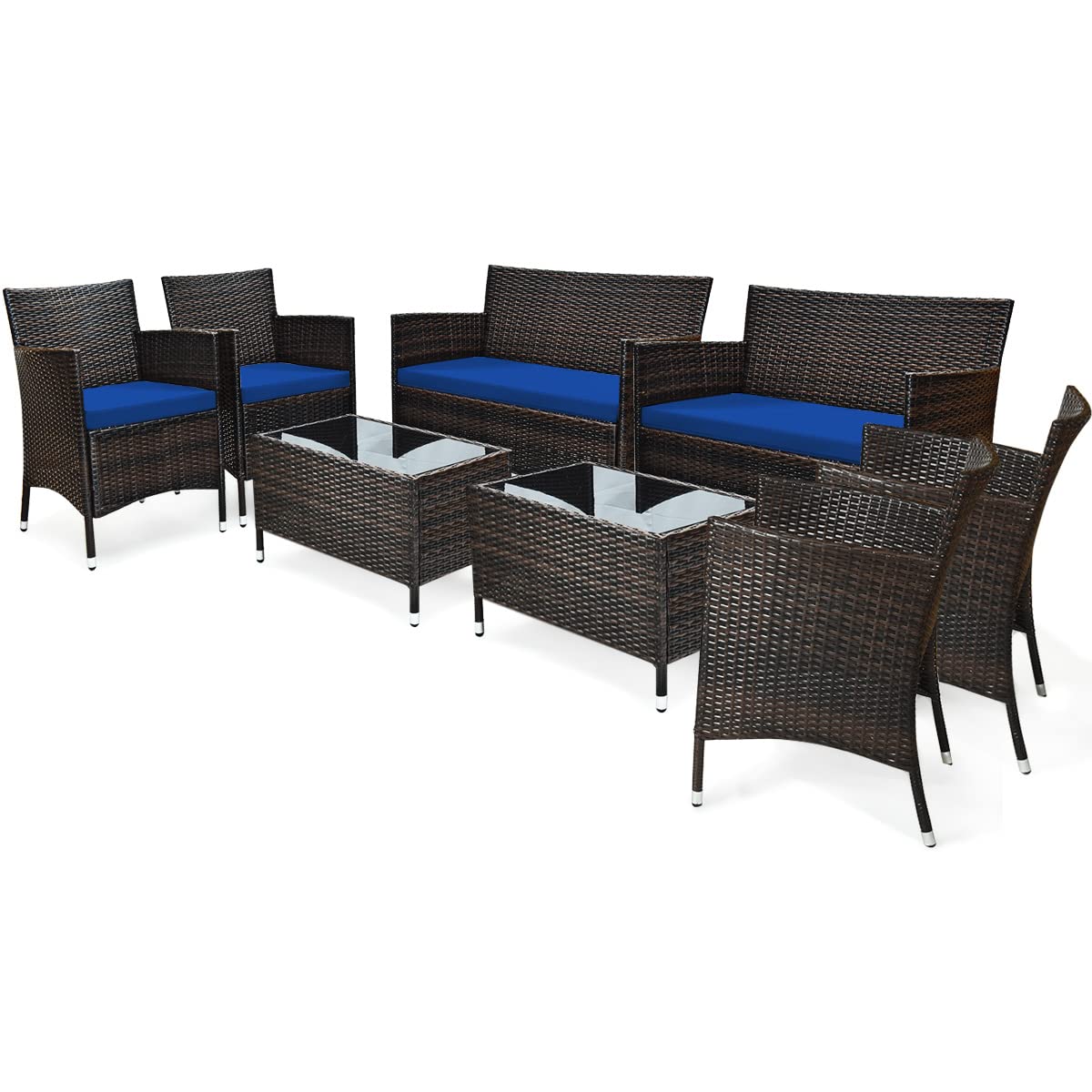 Tangkula 4-PCS or 8-PCS Patio Rattan Conversation Set, Outdoor Wicker Furniture Set with Tempered Glass Coffee Table &Thick Cushion
