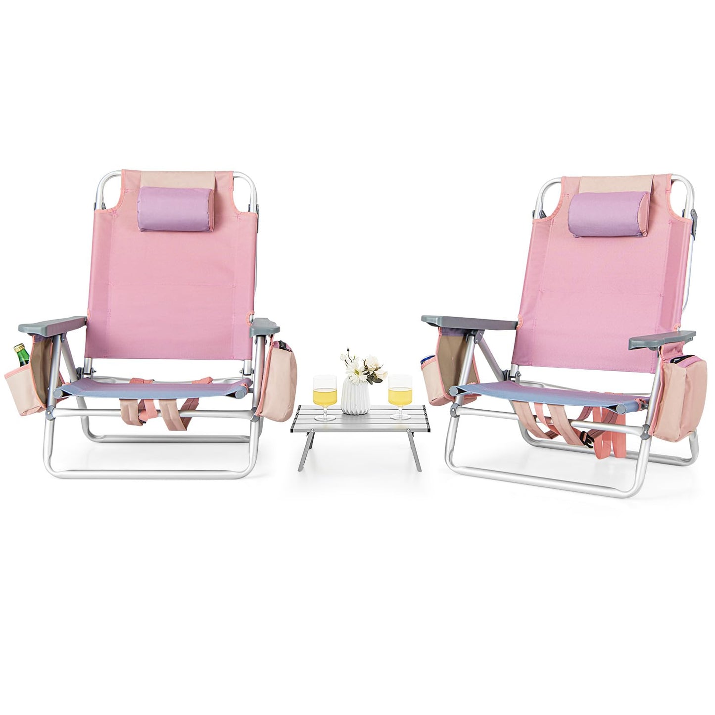Tangkula Set of 2 Backpack Beach Chair, 5-Position Lay Flat Beach Chairs with Cooler Bag