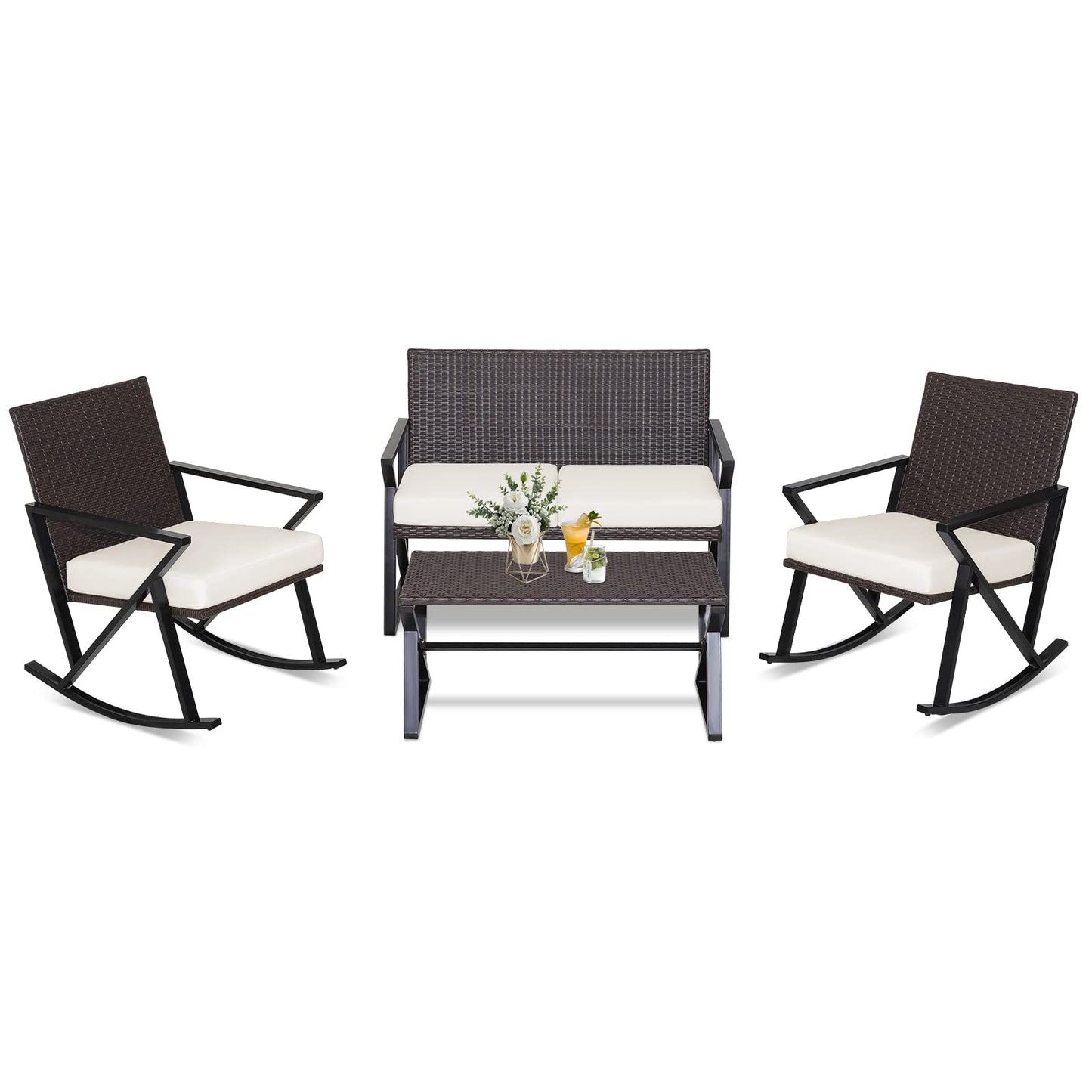 Tangkula 4 Piece Patio Rocking Furniture Set Patiojoy PE Wicker Loveseat