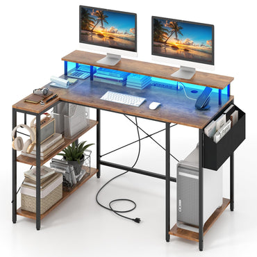 Tangkula L-Shaped Gaming Desk with LED Lights & Power Outlets