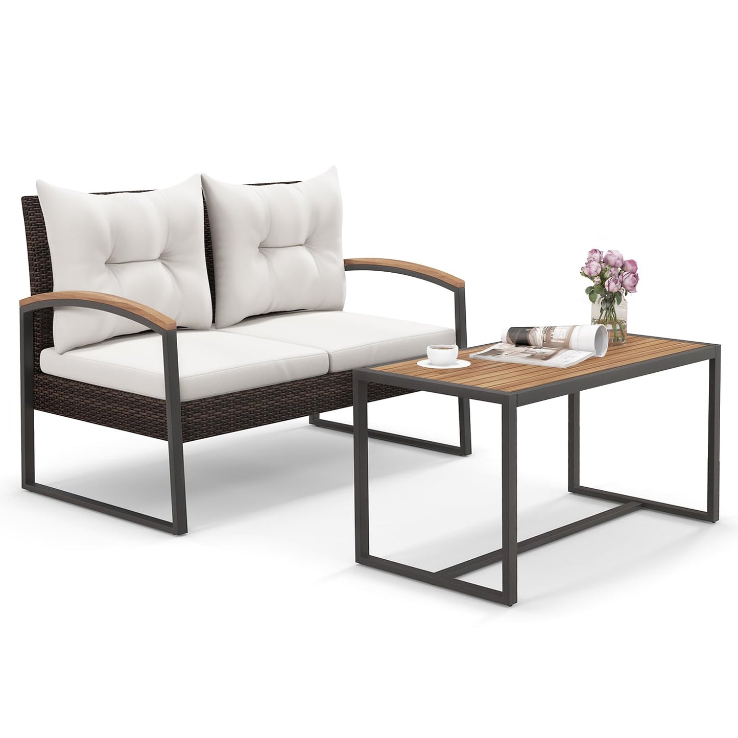 Tangkula 2 Pieces Patio Wicker Furniture Set, Heavy Duty Outdoor Cushioned Loveseat with Acacia Wood Coffee Table