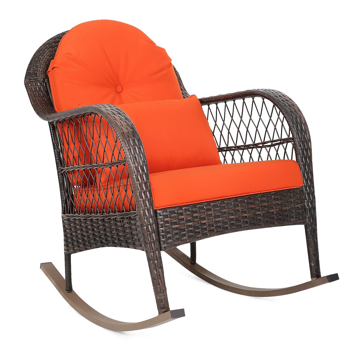 Patio Wicker Rocking Chair, Outdoor PE Rattan Rocker with Seat and Back Cushion