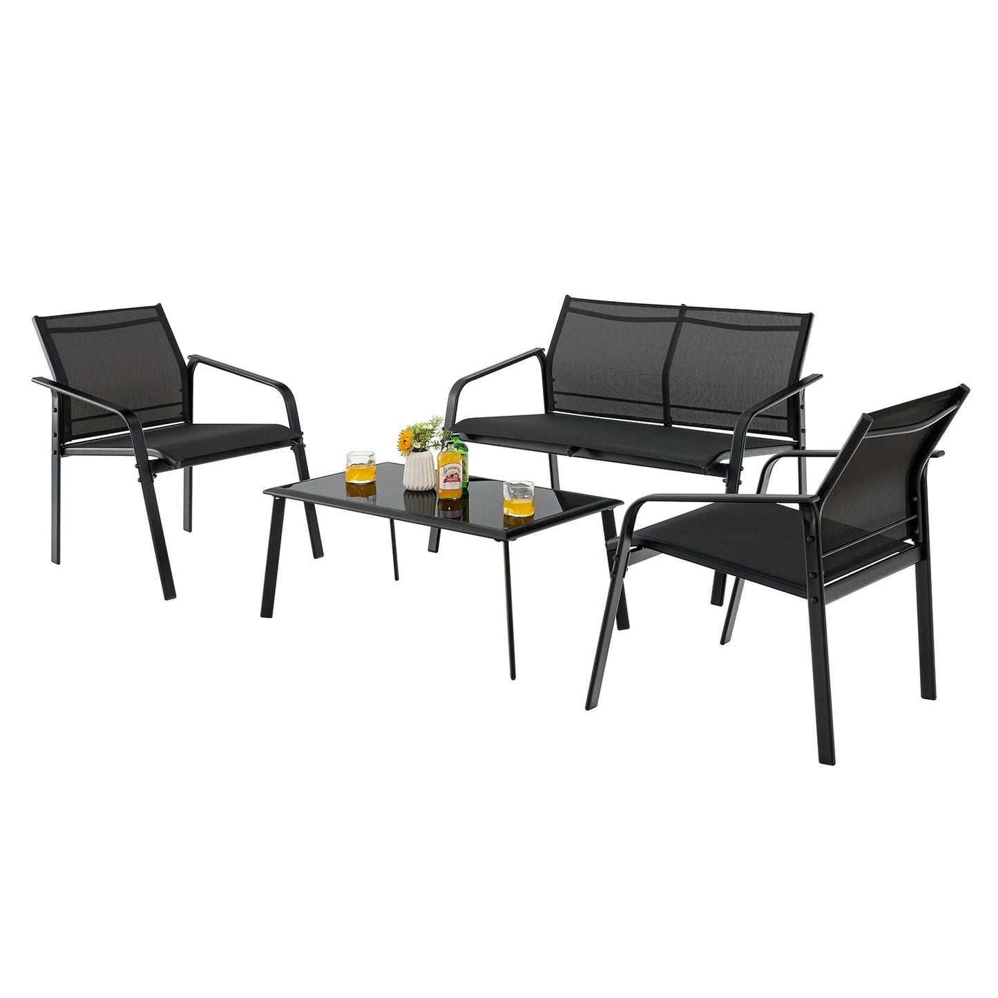 Tangkula 4 Pieces Patio Furniture Set, Outdoor Conversation Set with Tempered Glass Coffee Table