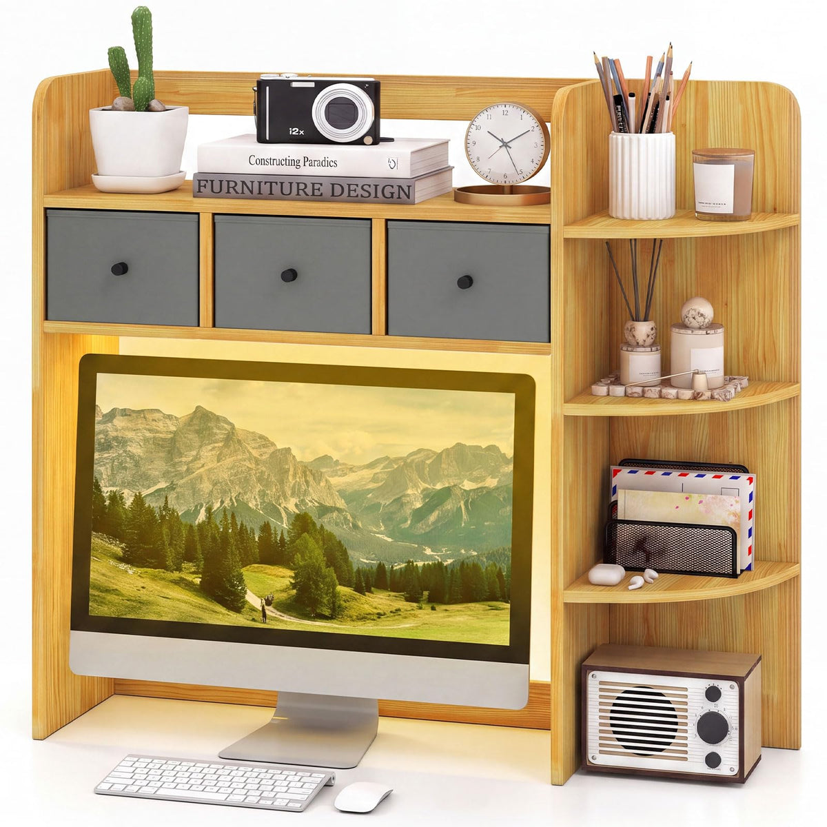 Tangkula Desktop Bookshelf with LED Lights Dorm Desk Hutch