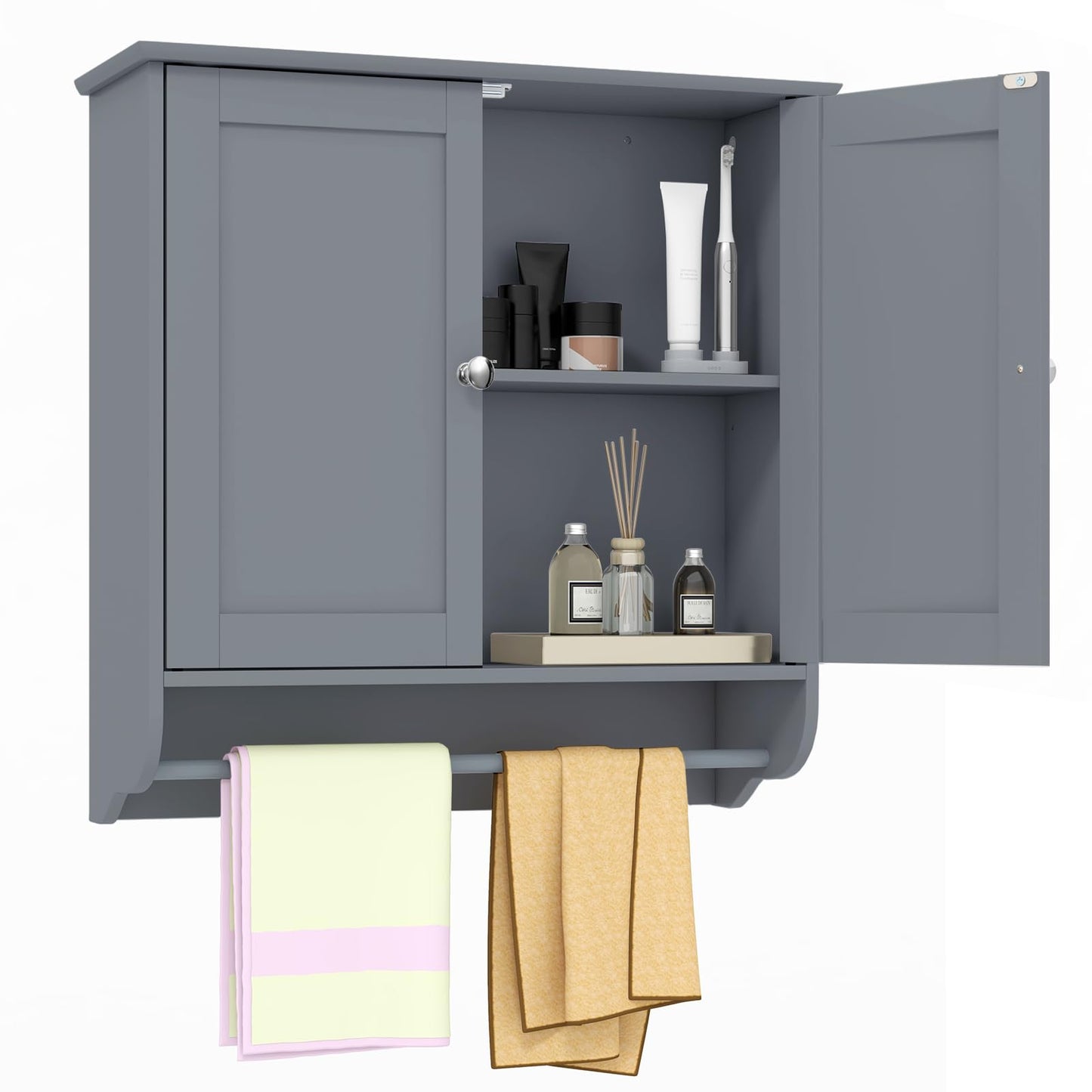 Tangkula Bathroom Cabinet Wall Mounted, Bathroom Medicine Cabinet with Towel Bar & Double Door & Adjustable Shelf