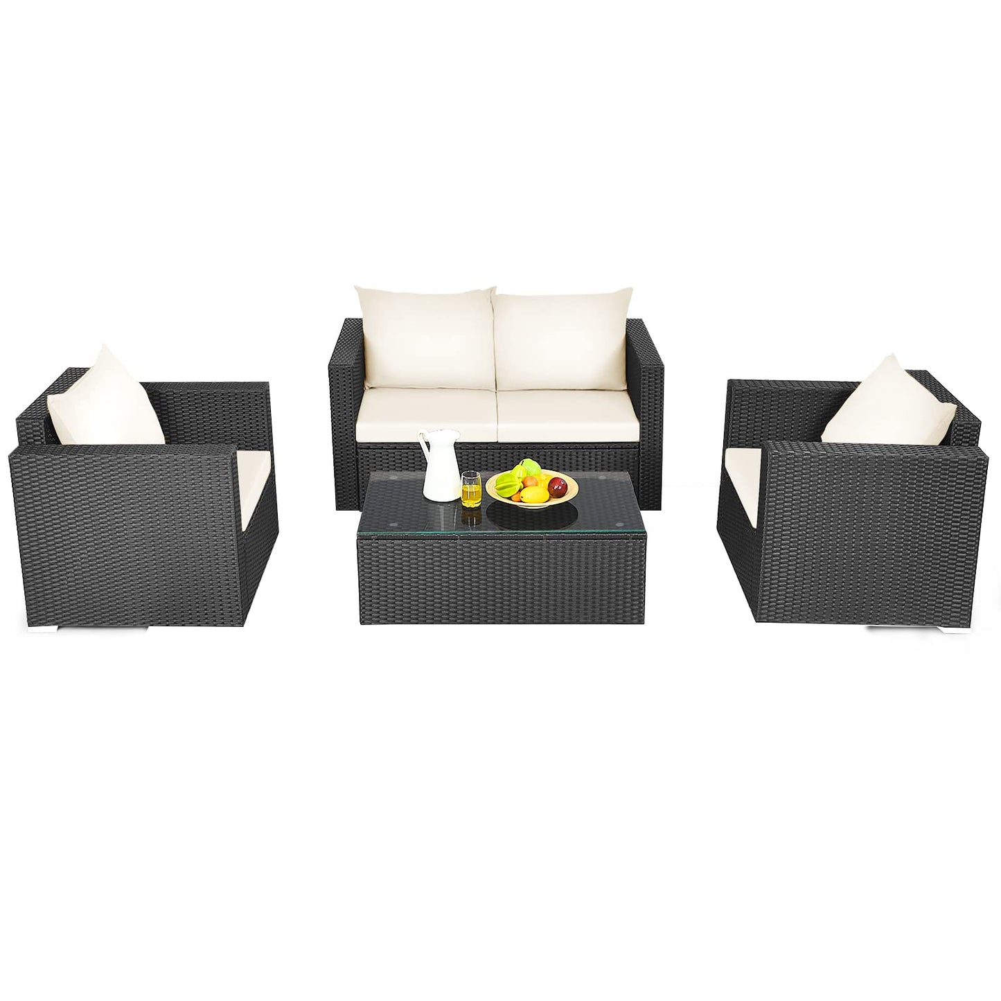 Patio Rattan Conversation Furniture Set, Outdoor Wicker Sofa Set with Padded Cushion & Tempered Glass Coffee Table