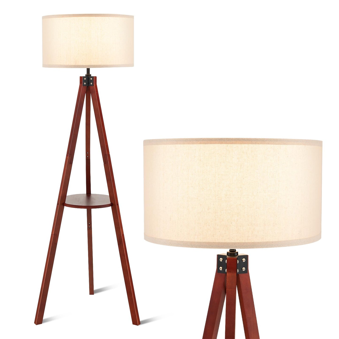 Tangkula Tripod Floor Lamp, Mid Century Wood Standing Lamp with Storage Shelves