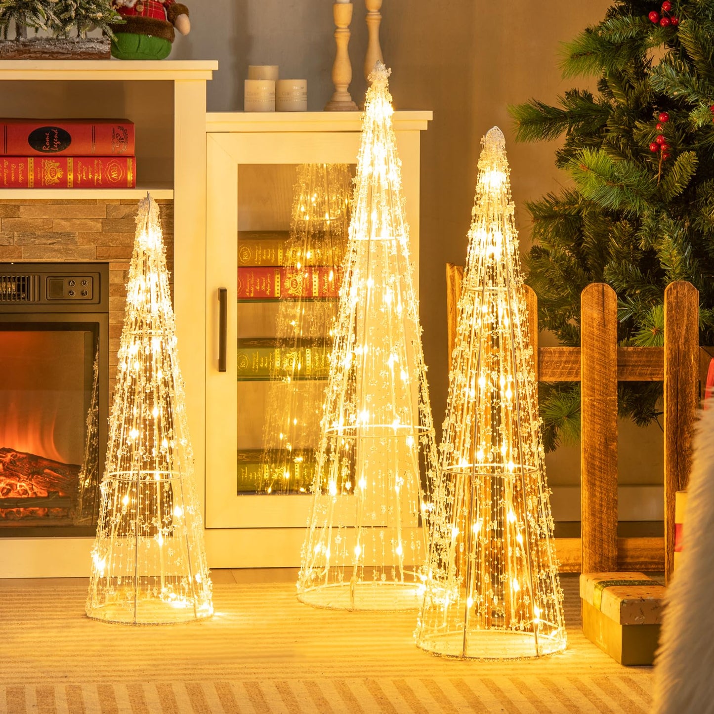 Tangkula Set of 3 Lighted Christmas Cone Trees Xmas Decorative Conic Tree Set