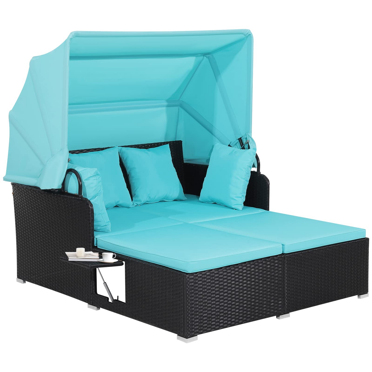 Tangkula Patio Rattan Daybed, Patiojoy Wicker Daybed Loungerw/Retractable Canopy, 2 Foldable Side Panels