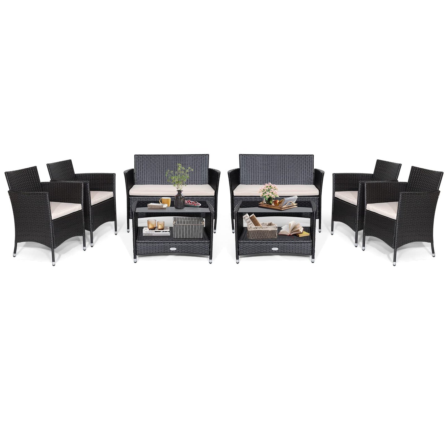 Tangkula 4 Pieces Patio Furniture Set, Patiojoy Outdoor PE Wicker Conversation Set with Soft Cushions and Tempered Glass Tabletop