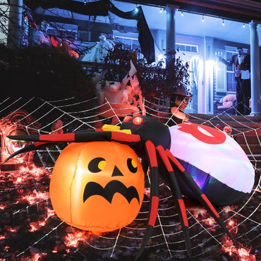 Tangkula Araignée gonflable d'Halloween de 1,5 m avec citrouille, décoration d'Halloween lumineuse à LED avec lumière rotative colorée