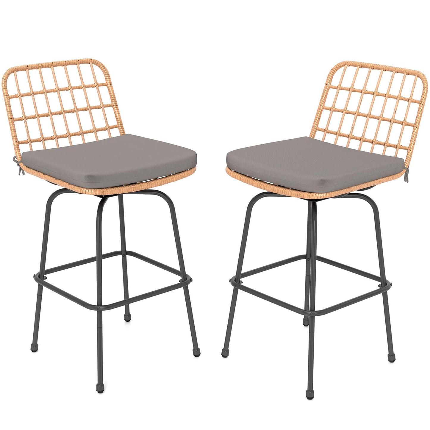 Tangkula Patio Swivel Barstools, Wicker Bar Height Chairs w/Soft Seat Cushions